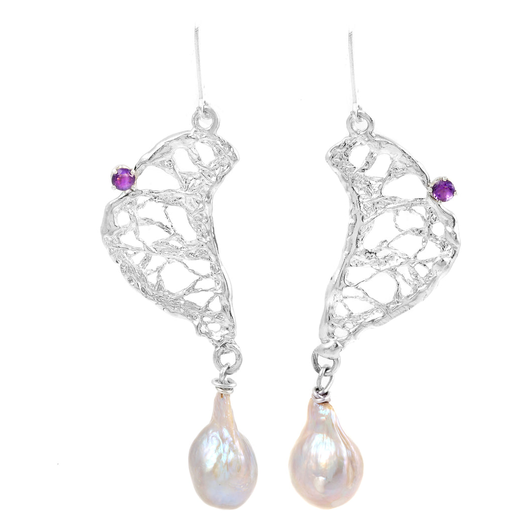 Amethyst and Pink Baroque Drop Pearl Earrings