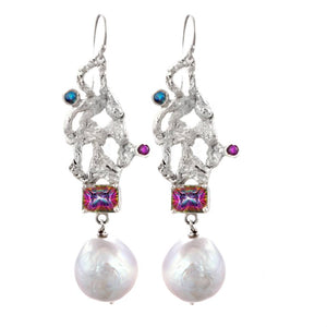 Baroque Pearl and Mystic Rainbow Topaz Drop Earrings.