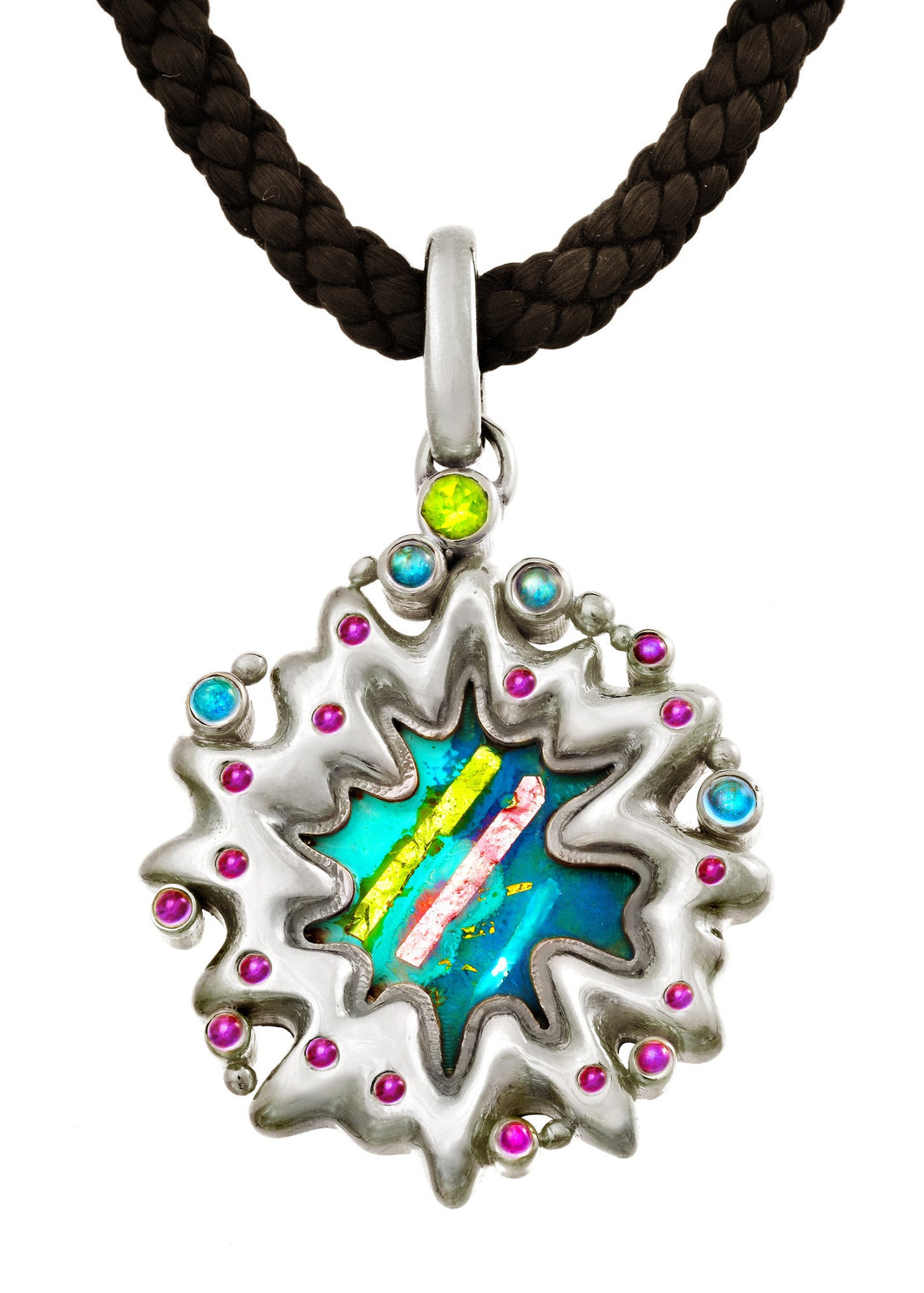 Sterling Silver Enameled Pendant accented with Amethyst, Blue Topaz, and Peridot